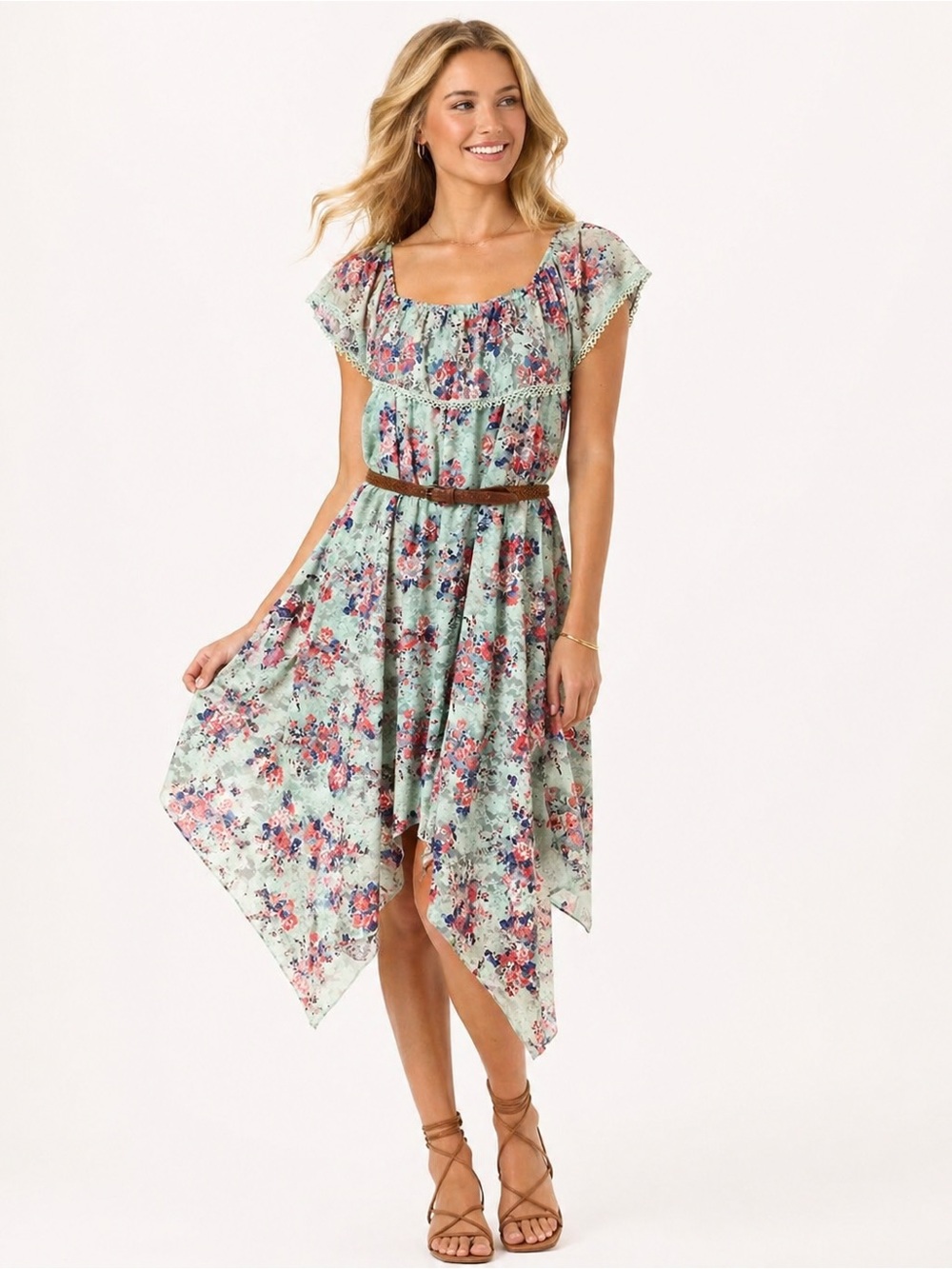 Mint Floral Lace Boho Handkerchief Hem Dress Belted Juniors M 7-9